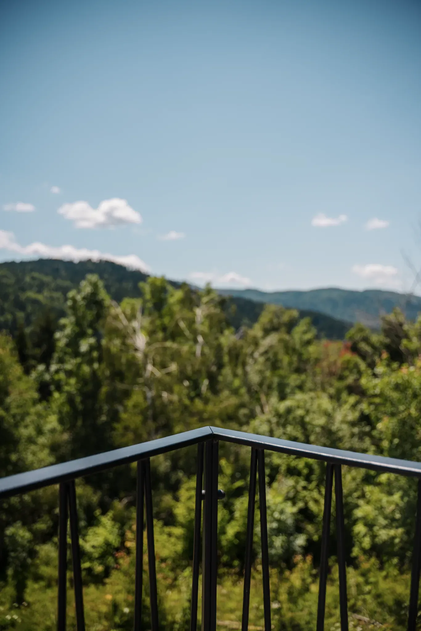 Layered wooded ridges rolling into the distance beyond the terrace